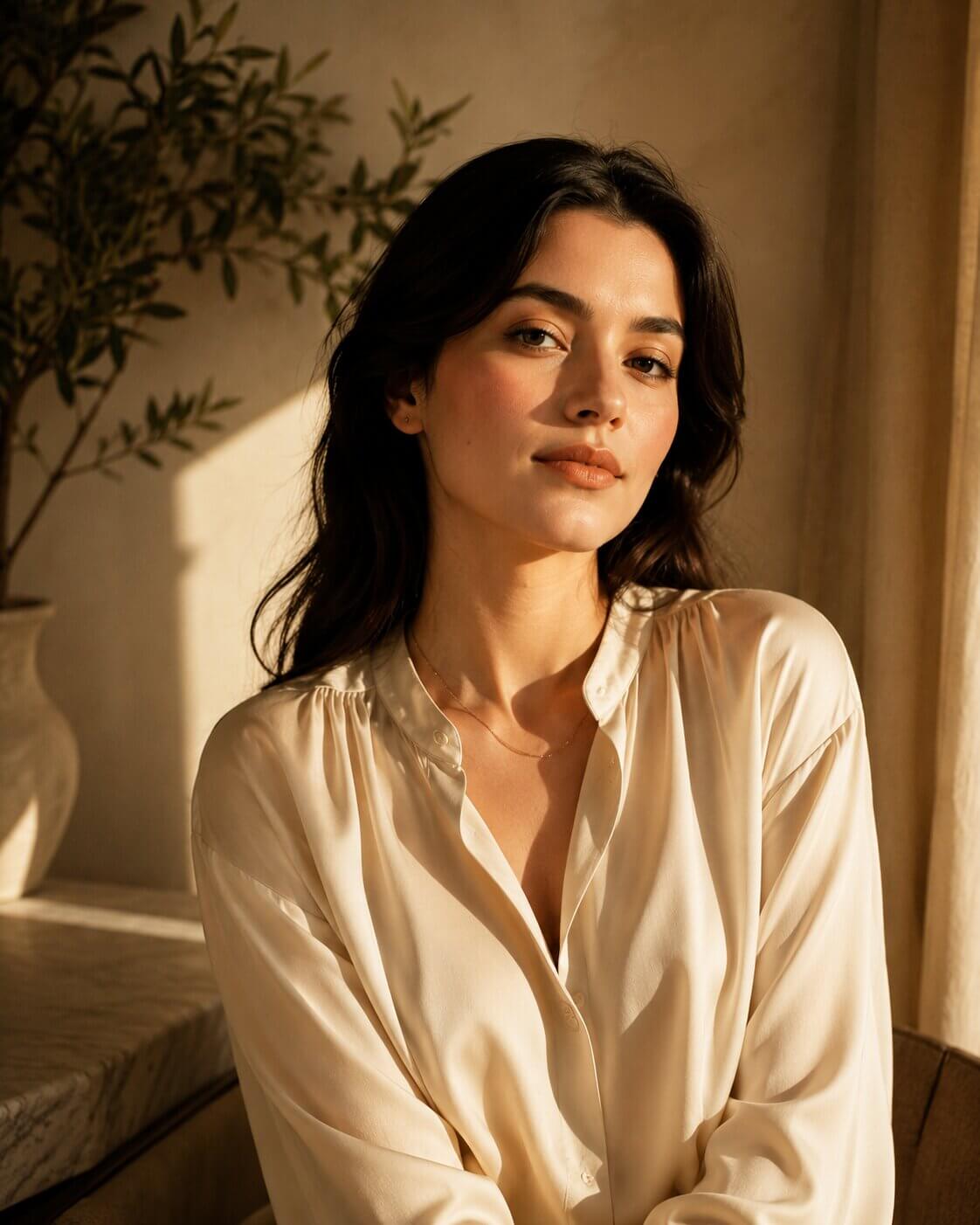 Confident Elysium Models member in a private, softly lit interior with warm cream and gold tones