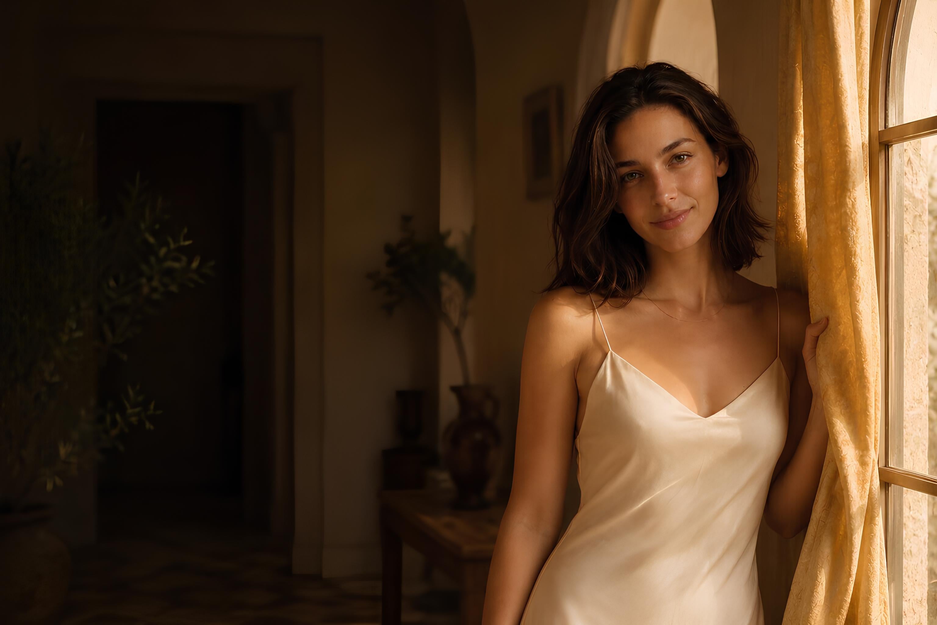 Elysium Models, a woman in a sunlit classical interior, golden hour light on warm marble